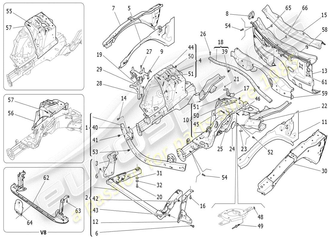 maserati ghibli (2021) diagrama de piezas de marcos estructurales frontales y paneles laminares