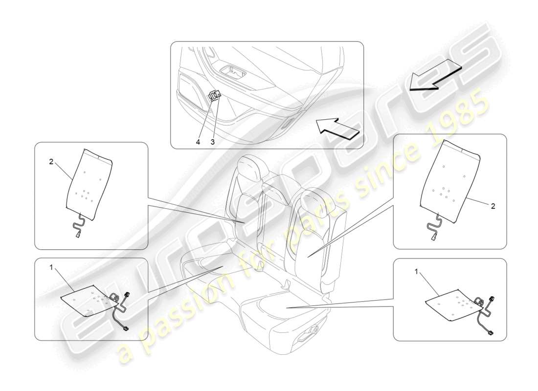 maserati levante gt (2022) asientos traseros: diagrama de piezas de mecánica y electrónica