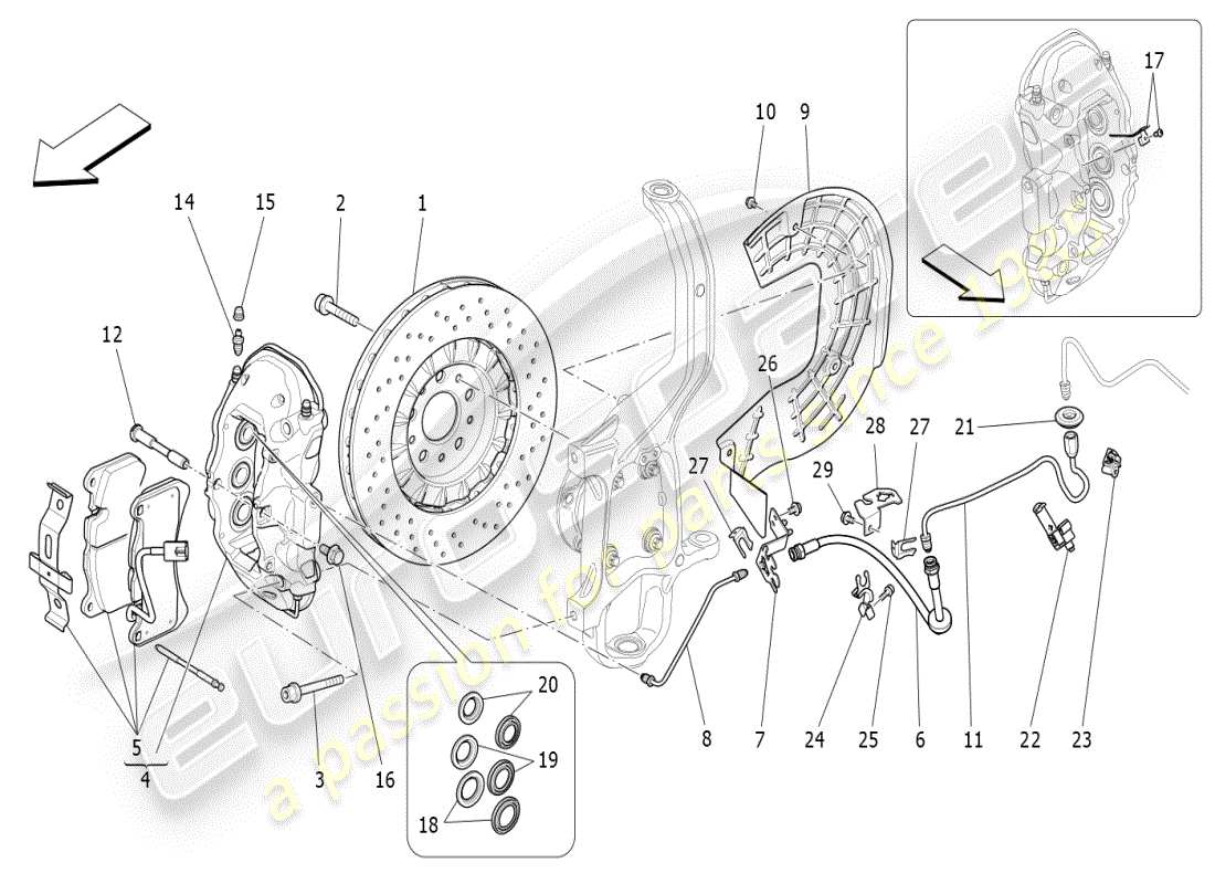 maserati ghibli (2021) diagrama de piezas de los dispositivos de frenado en las ruedas delanteras
