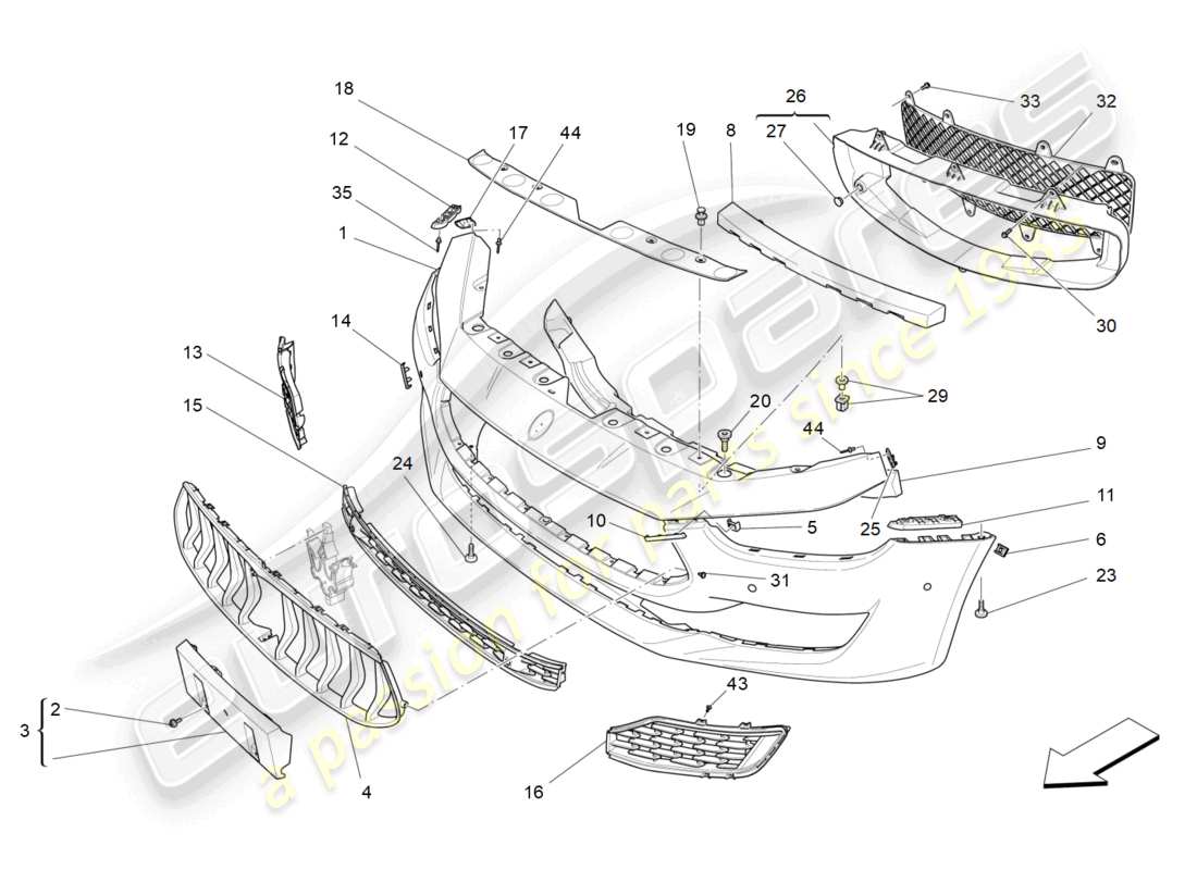 maserati ghibli (2018) diagrama de piezas del parachoques delantero