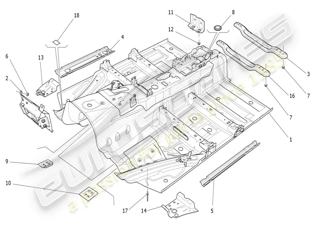 maserati ghibli (2021) diagrama de piezas de marcos estructurales centrales y paneles laminares