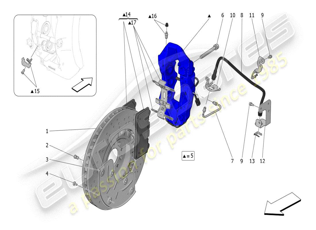 maserati mc20 (2024) dispositivos de frenado en las ruedas delanteras diagrama de piezas