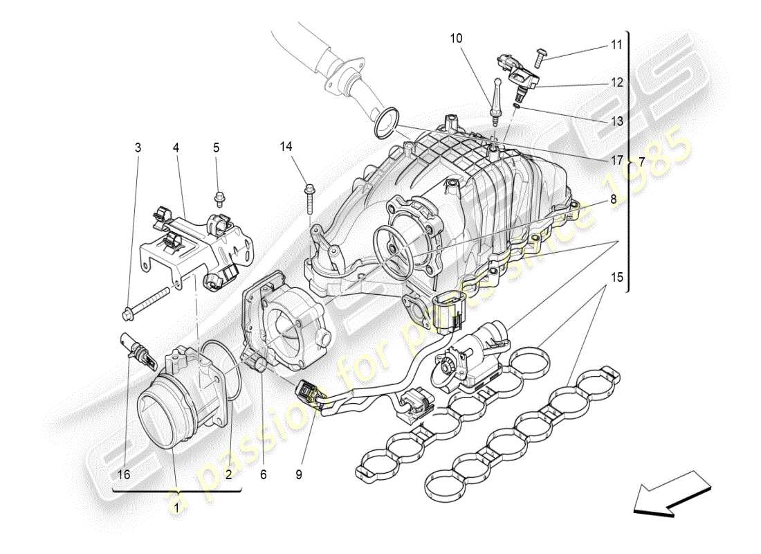 maserati ghibli (2021) diagrama de partes del colector de admisión y del cuerpo del acelerador