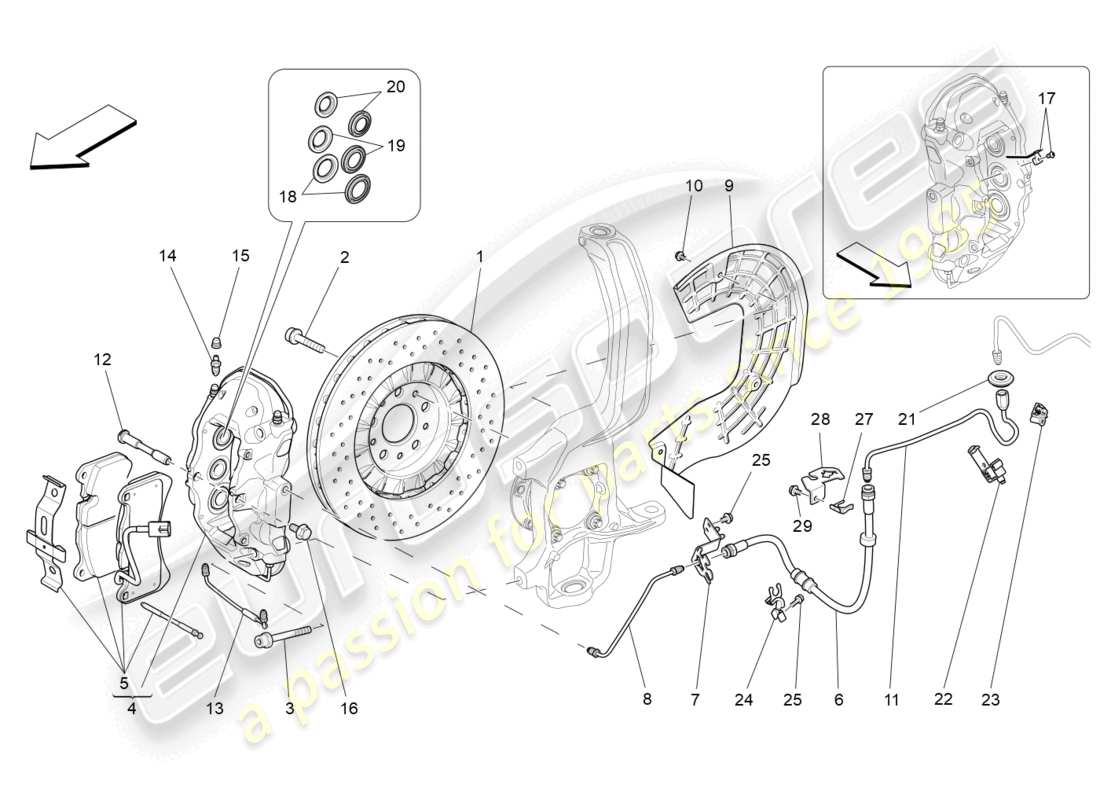 maserati levante gt (2022) dispositivos de frenado en las ruedas delanteras diagrama de piezas