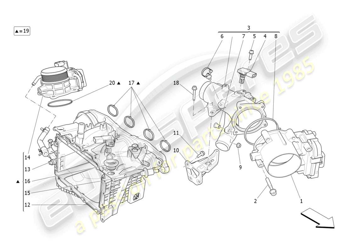 maserati levante gt (2022) diagrama de partes del colector de admisión y del cuerpo del acelerador