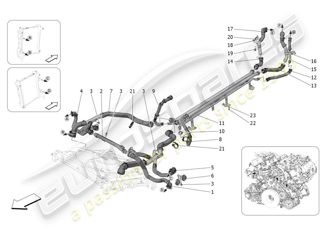 maserati mc20 (2023) sistema de refrigeración: diagrama de piezas de nourice y líneas