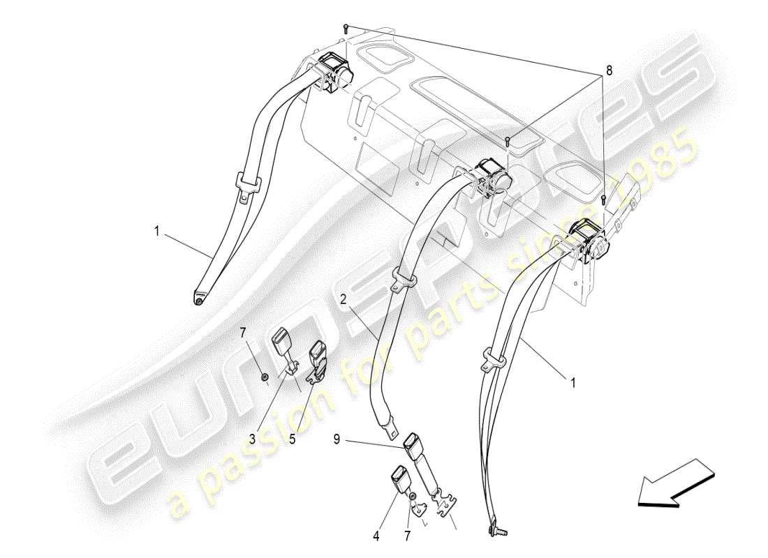 maserati ghibli (2019) cinturones de seguridad traseros diagrama de piezas