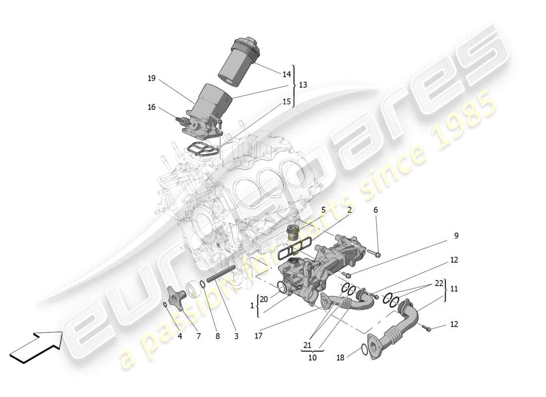 maserati mc20 (2022) sistema de lubricación: diagrama de piezas de bomba y filtro