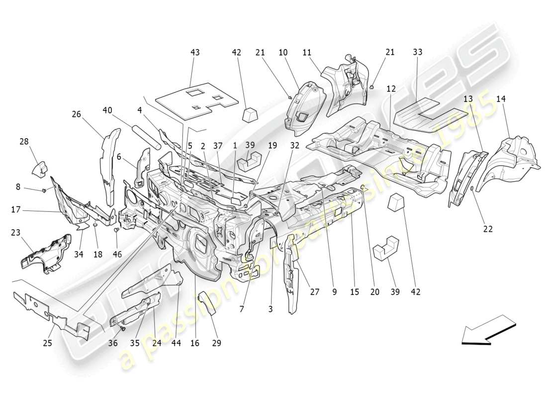 maserati ghibli (2014) paneles de insonorización en el interior del vehículo. diagrama de piezas.