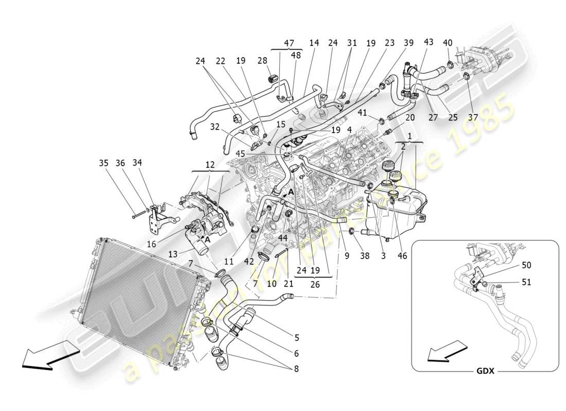 maserati ghibli (2014) sistema de refrigeración: diagrama de piezas de nourice y líneas