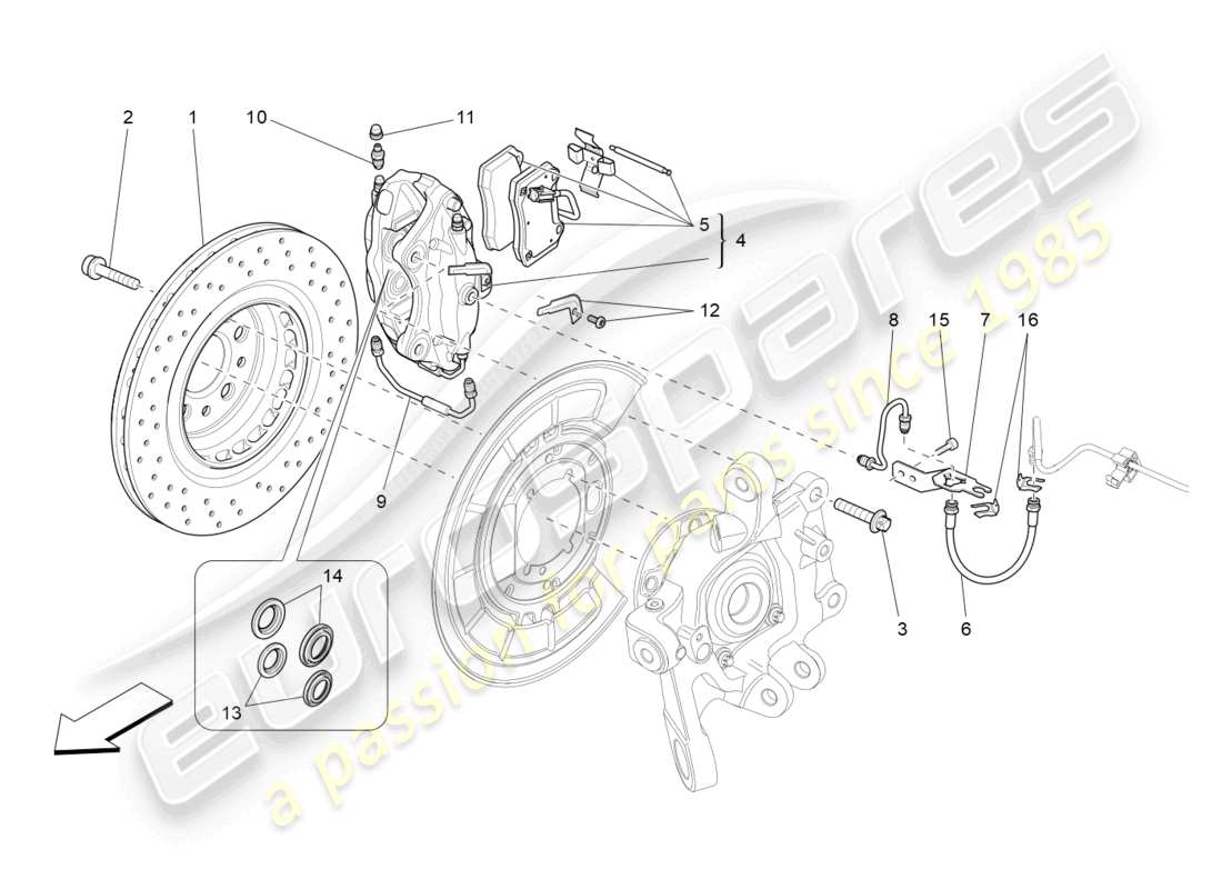 maserati ghibli (2014) diagrama de piezas de los dispositivos de frenado en las ruedas traseras