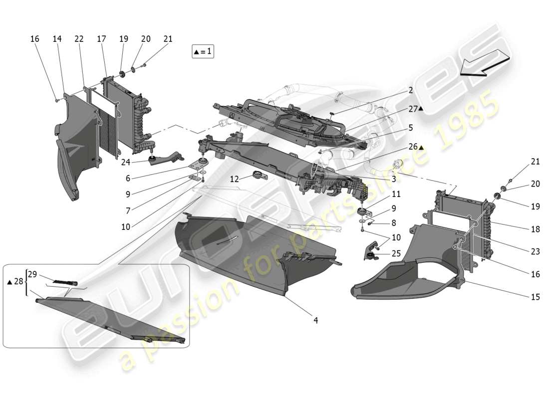 maserati mc20 (2023) enfriamiento: diagrama de piezas de conductos y radiadores de aire