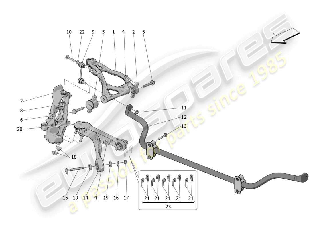 maserati mc20 (2022) diagrama de piezas de la suspensión delantera