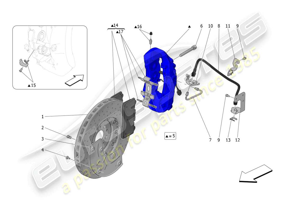 maserati mc20 (2023) diagrama de piezas de los dispositivos de frenado en las ruedas delanteras