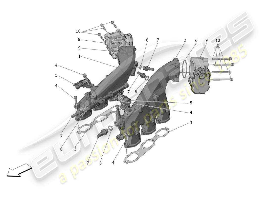 maserati mc20 (2023) diagrama de partes del colector de admisión y del cuerpo del acelerador