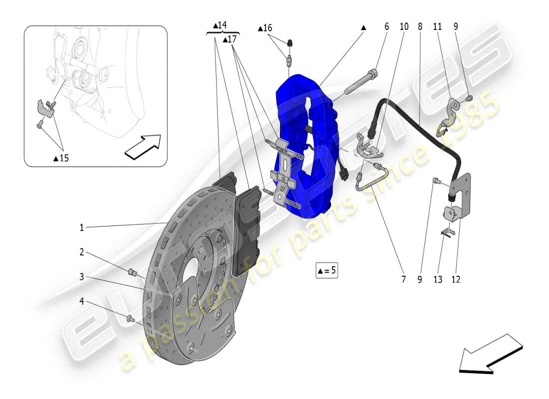 maserati mc20 (2024) dispositivos de frenado en las ruedas delanteras diagrama de piezas