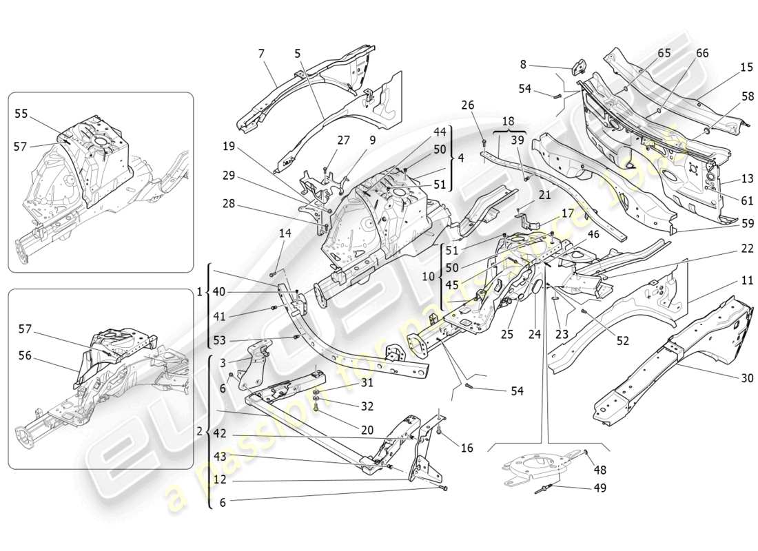 maserati ghibli (2014) diagrama de piezas de marcos estructurales frontales y paneles laminares