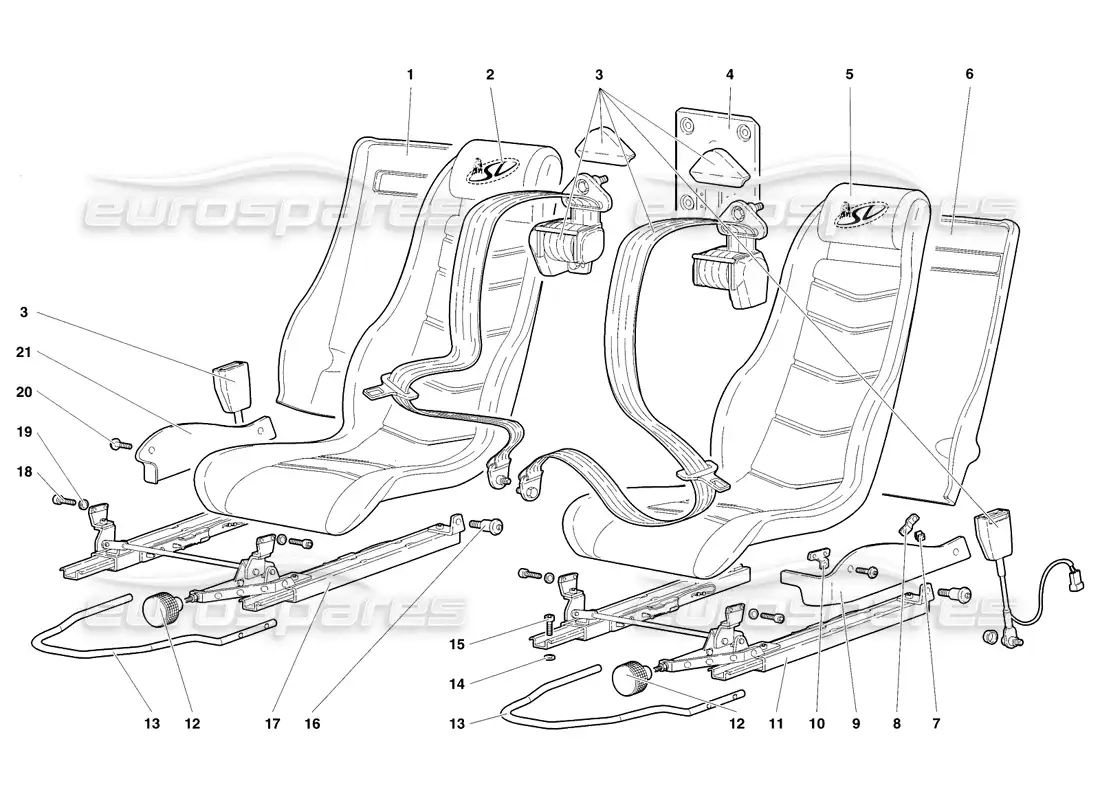lamborghini diablo sv (1998) asientos y cinturones de seguridad diagrama de piezas