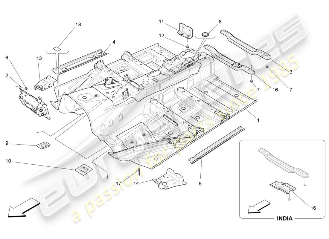 maserati ghibli (2014) diagrama de piezas de marcos estructurales centrales y paneles laminares