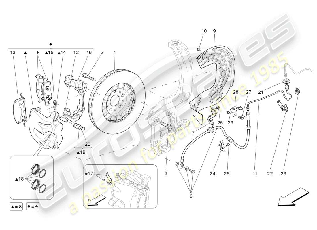 maserati levante (2018) diagrama de piezas de los dispositivos de frenado en las ruedas delanteras