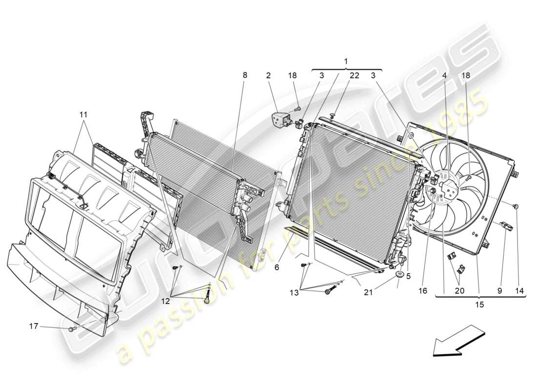 maserati levante trofeo (2020) enfriamiento: diagrama de piezas de conductos y radiadores de aire