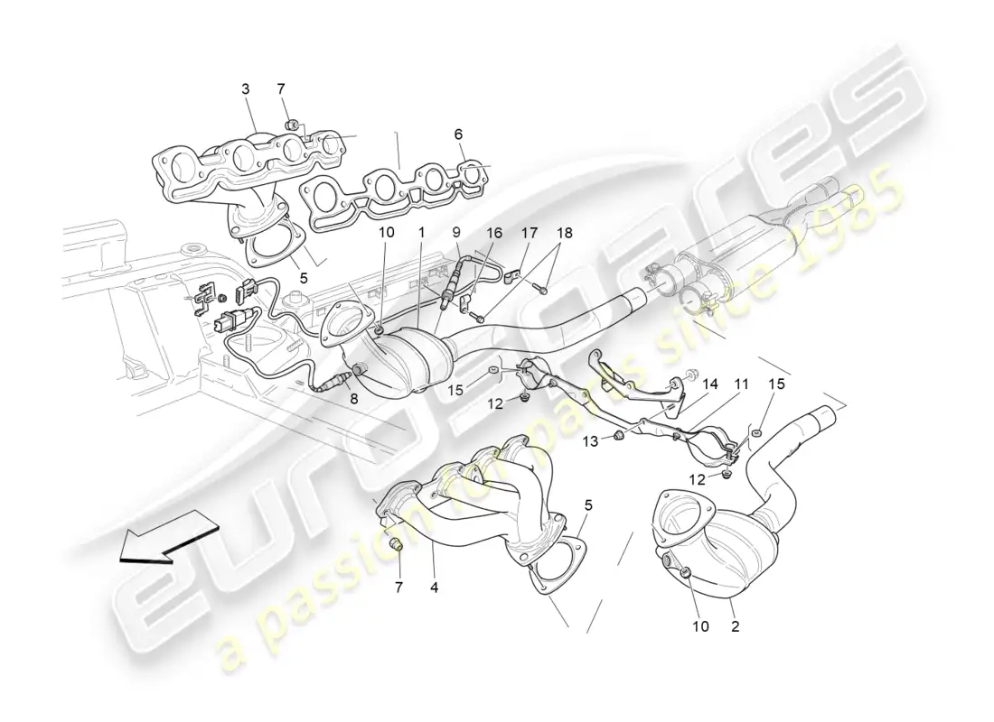 maserati granturismo (2010) convertidores precatalíticos y convertidores catalíticos. diagrama de piezas