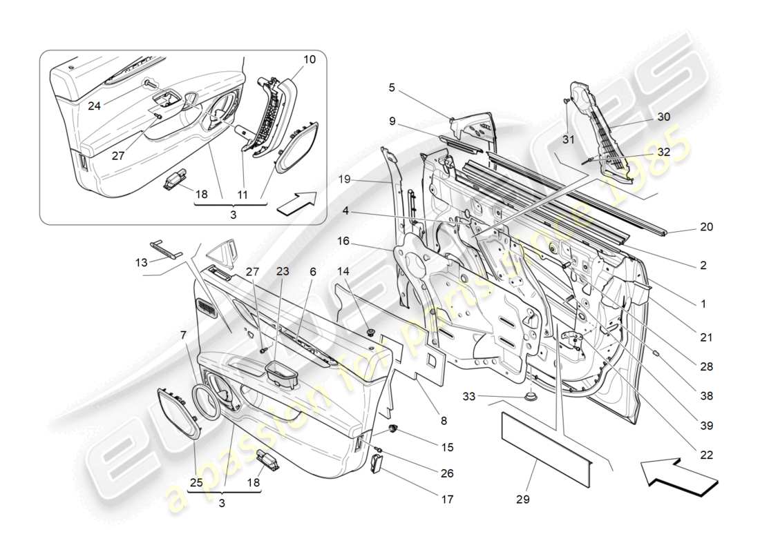 maserati ghibli (2014) puertas delanteras: diagrama de piezas de los paneles embellecedores