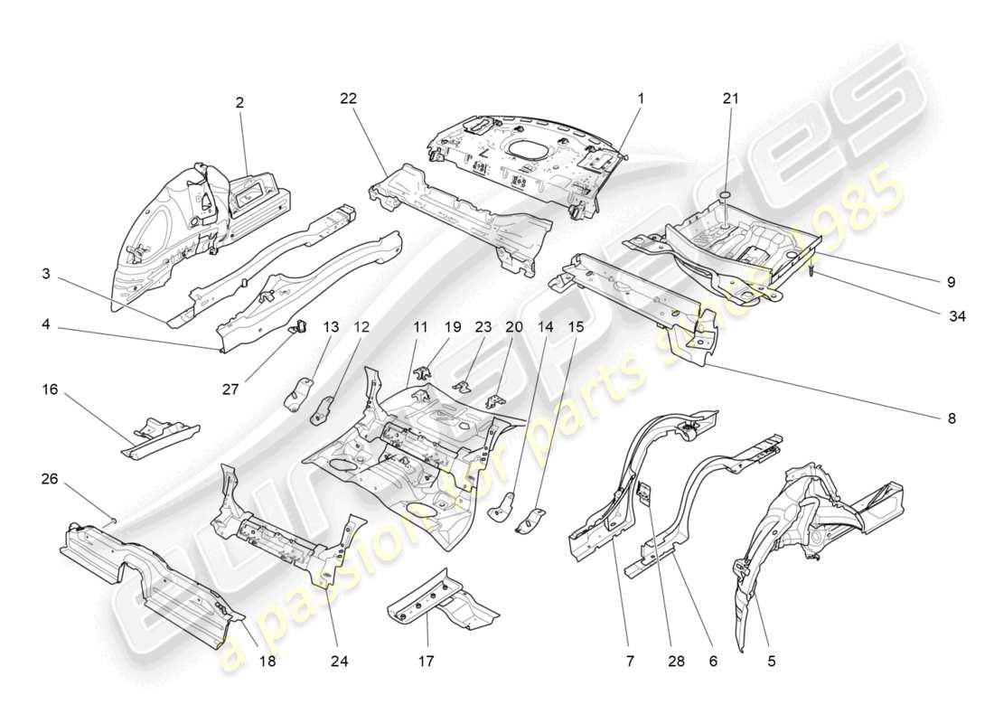 maserati ghibli (2014) diagrama de piezas de marcos estructurales traseros y paneles de chapa