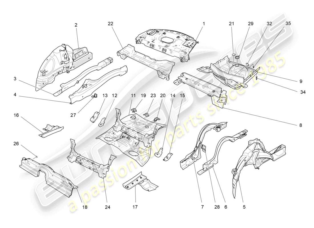 maserati ghibli (2018) diagrama de piezas de marcos estructurales traseros y paneles de chapa