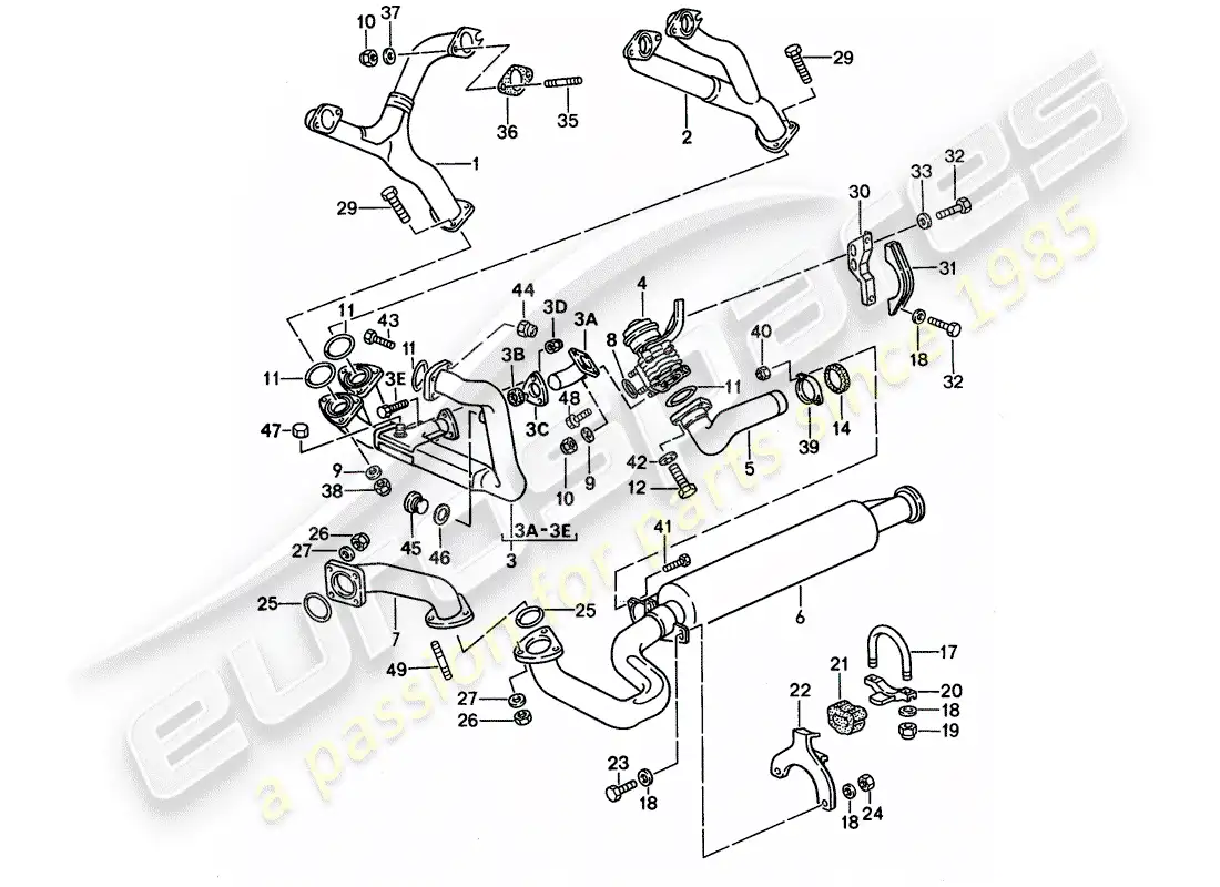 porsche 1990 (944) sistema de escape - silenciador de escape, delantero diagrama de piezas
