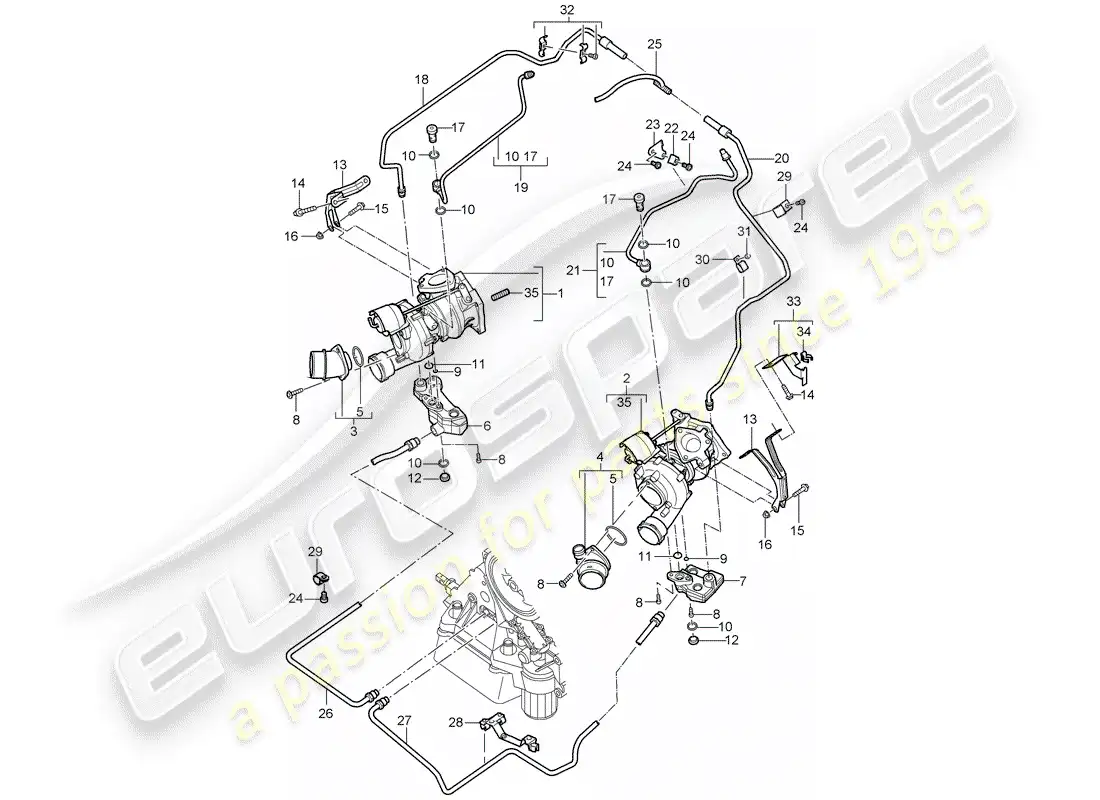 porsche 2005 (cayenne e1 9pa) turbocompresor de gases de escape diagrama de piezas