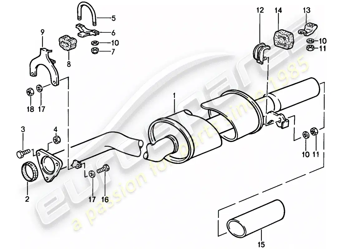 porsche 1988 (944) sistema de escape - silenciador de escape, trasero diagrama de piezas