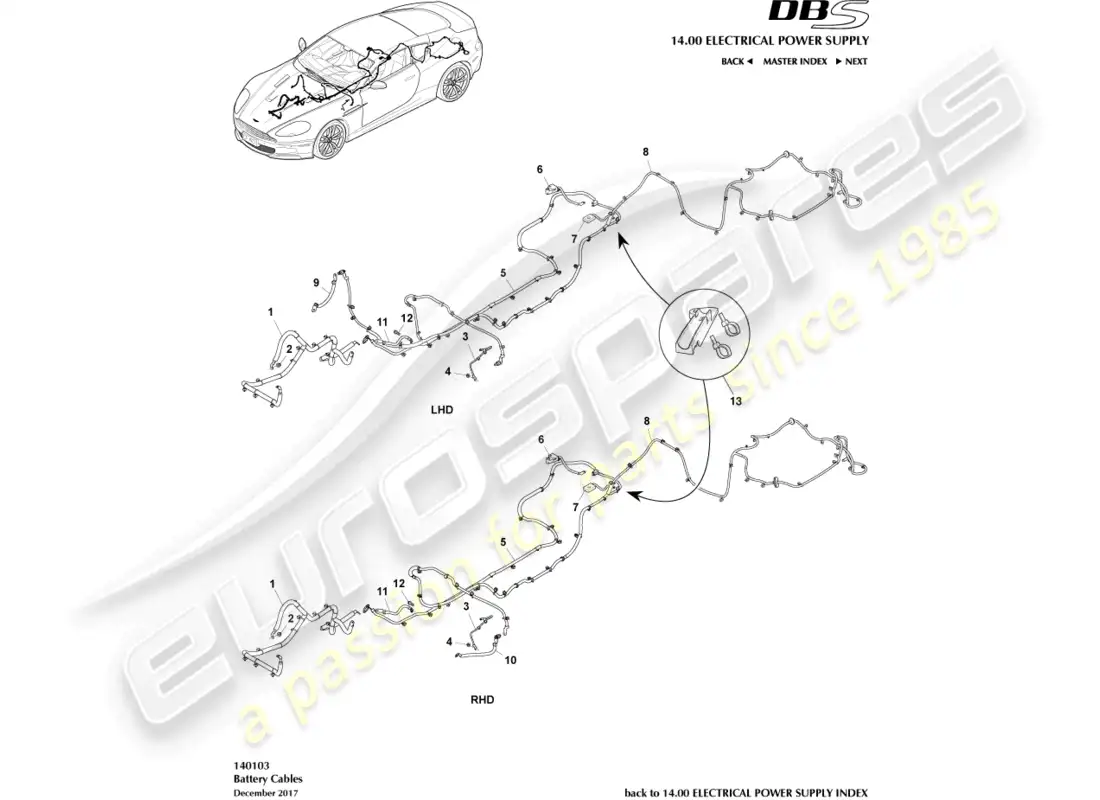 aston martin dbs (2013) cables de batería diagrama de piezas