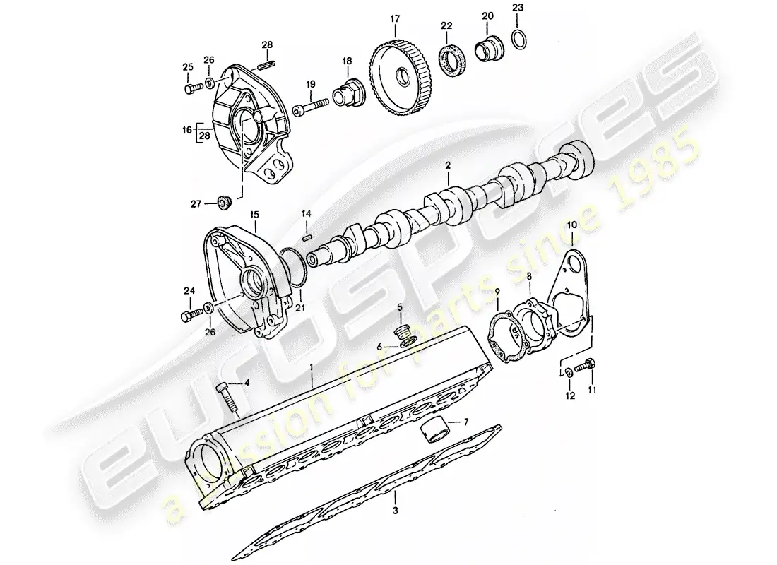 porsche 1990 (944) carcasa del árbol de levas - diagrama de piezas del árbol de levas
