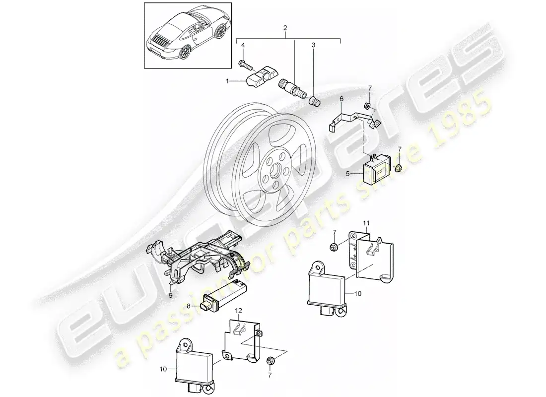 porsche 2009 (997-2) sistema de control de presión de neumáticos diagrama de piezas