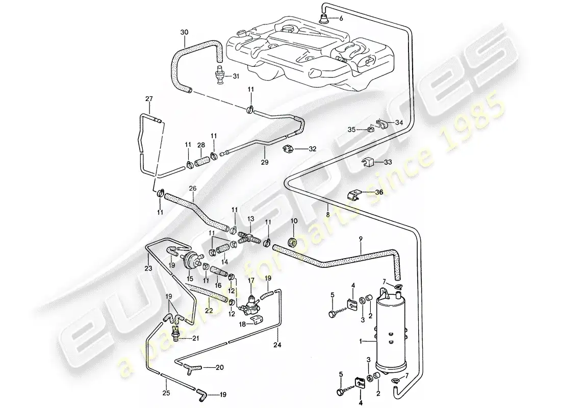 porsche 1990 (944) bote de emisiones evaporativas diagrama de piezas