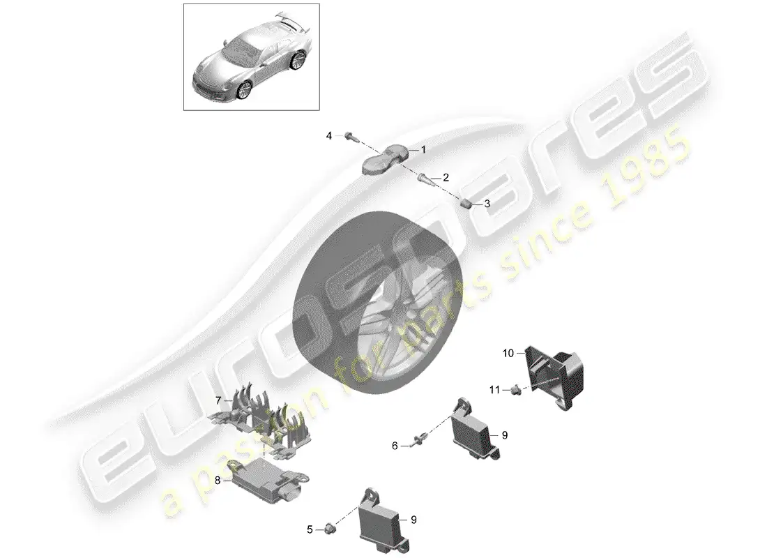 porsche 2016 (991-1 r/gt3/rs) sistema de control de presión de neumáticos diagrama de piezas