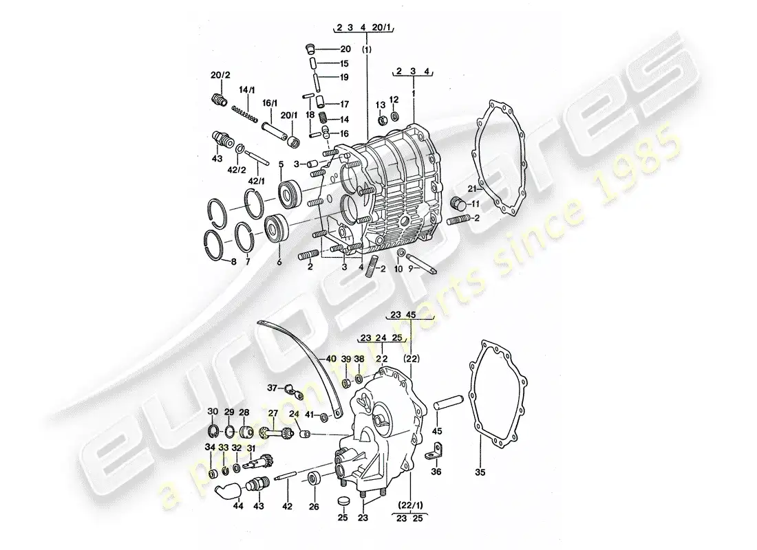 porsche 1976 (911 turbo) carcasa de engranajes - tapa de la transmisión diagrama de piezas