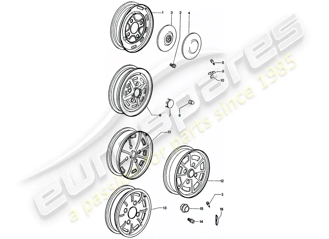 porsche 1971 (914) ruedas diagrama de piezas