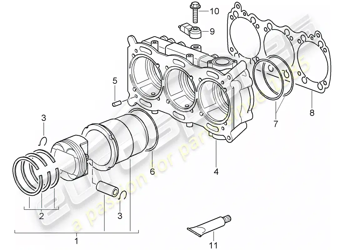 porsche 2009 997-2 turbo / gt2 cilindro con pistones diagrama de piezas
