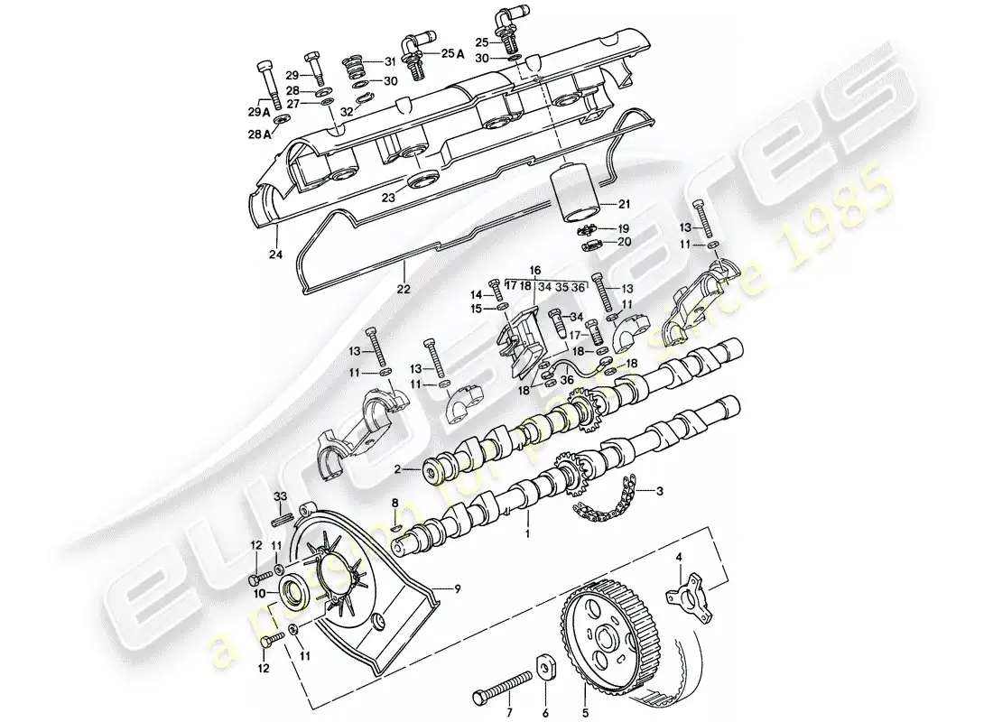 porsche 1983 (928) árbol de levas - mecanismo de impulsión - 4 - válvula - d - mj 1985>> diagrama de piezas