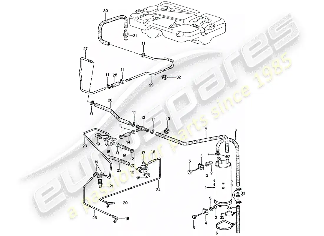porsche 1988 (944) bote de emisiones evaporativas diagrama de piezas