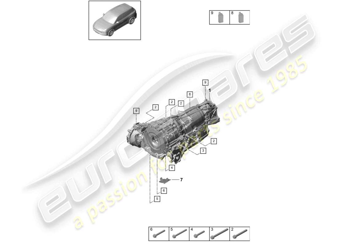 porsche 2022 (cayenne e3 9ya/9yb) 8-speed caja de cambios automática para tracción en las cuatro ruedas, piezas de montaje para motor y transmisión, diagrama de piezas