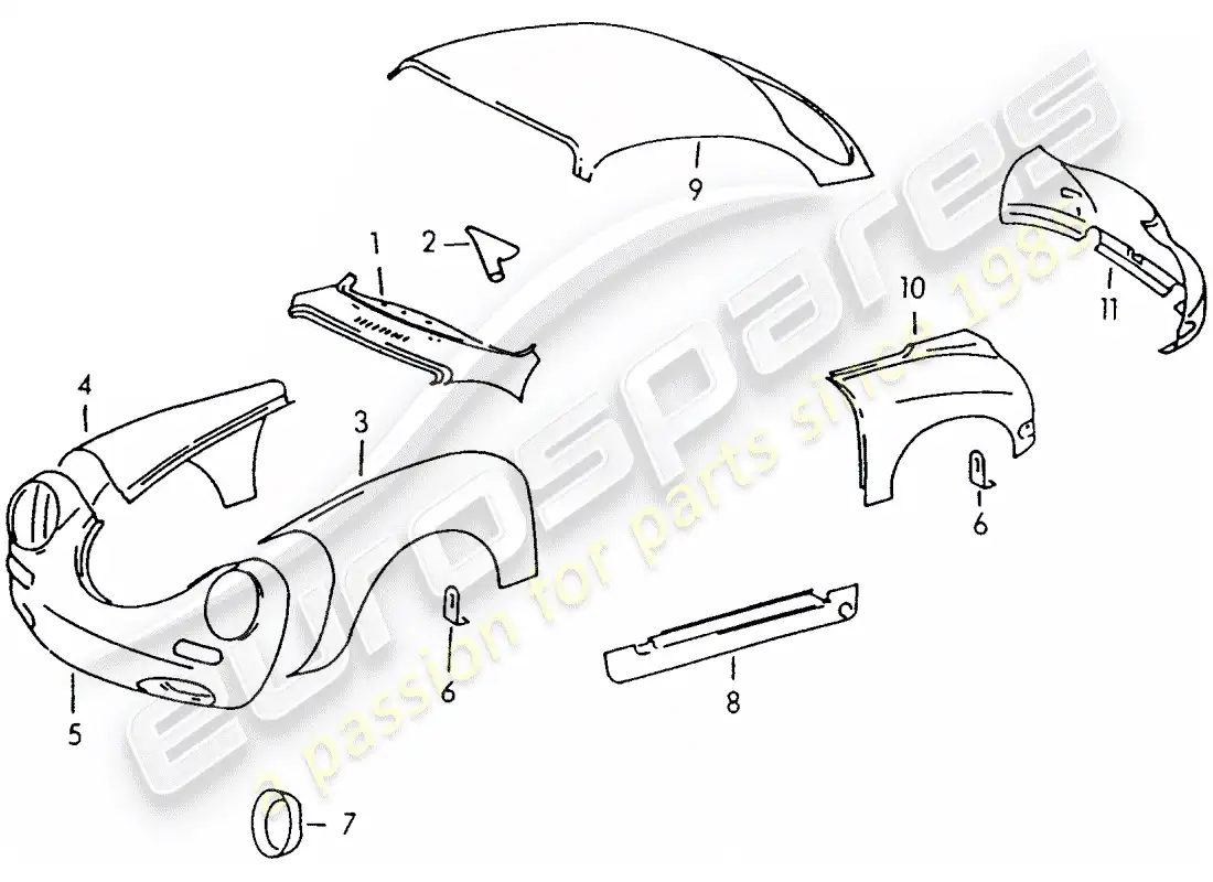porsche 1957 (356/356a) paneles exteriores diagrama de piezas