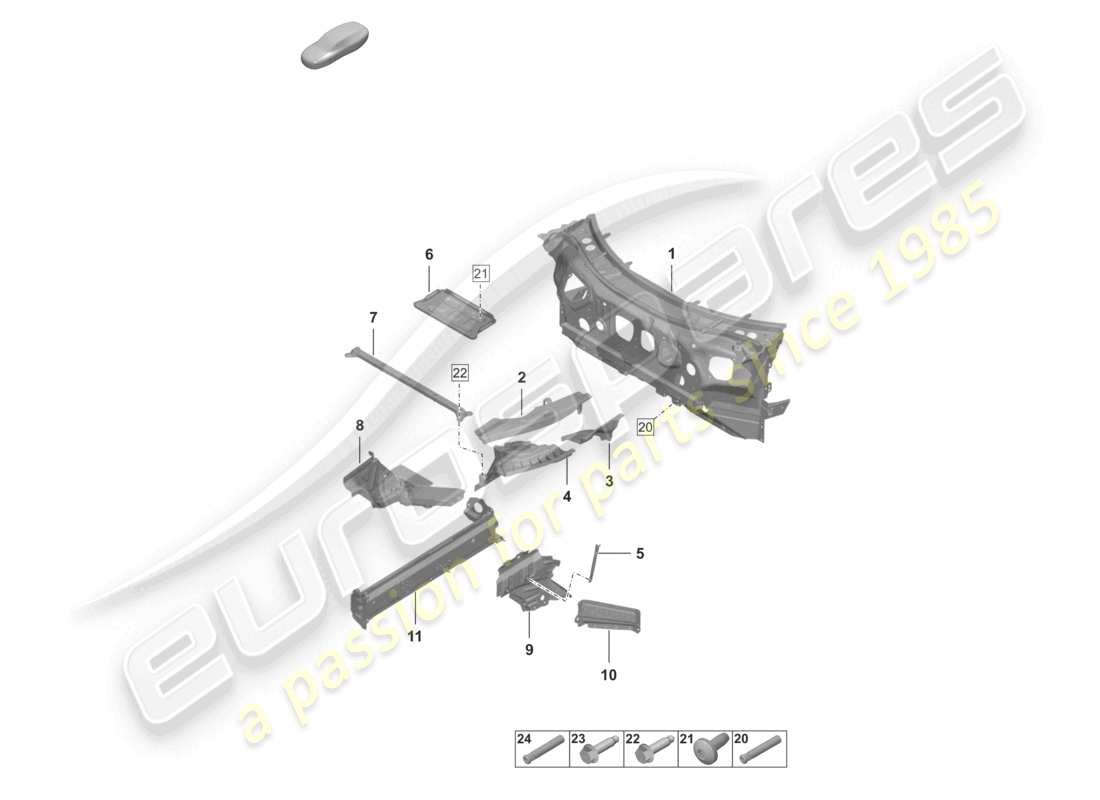 porsche 2024 (992-2 turbo / s) front end firewall miembro lateral piezas individuales diagrama de piezas