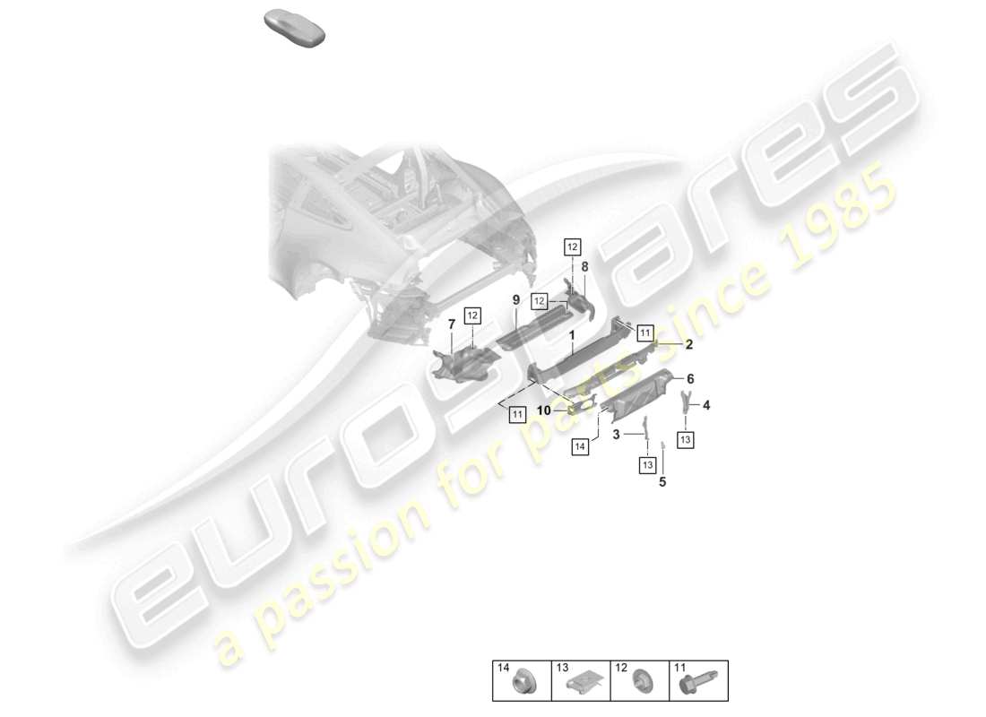 porsche 2026 (992-2 turbo / s) diagrama de piezas del soporte del parachoques trasero y del protector térmico