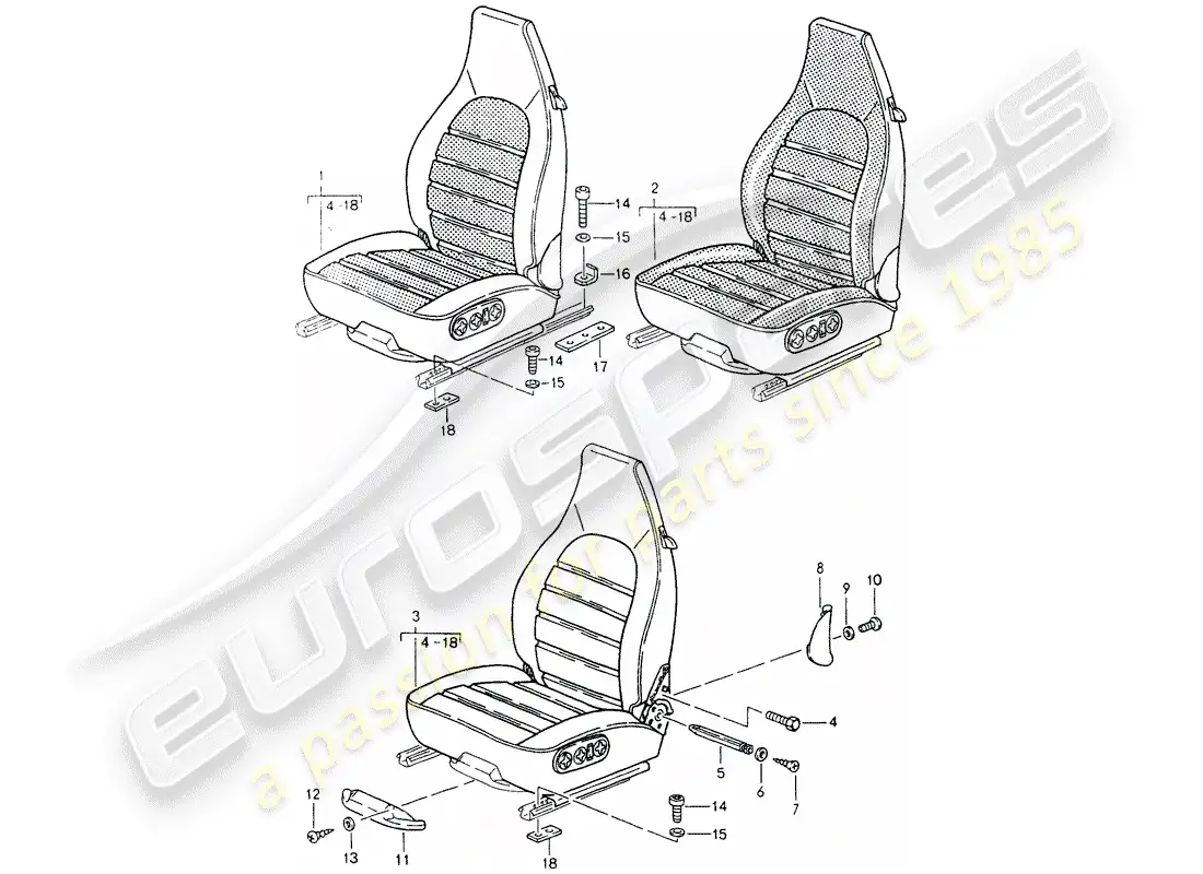 porsche 1993 (964) asiento - diagrama de piezas completo