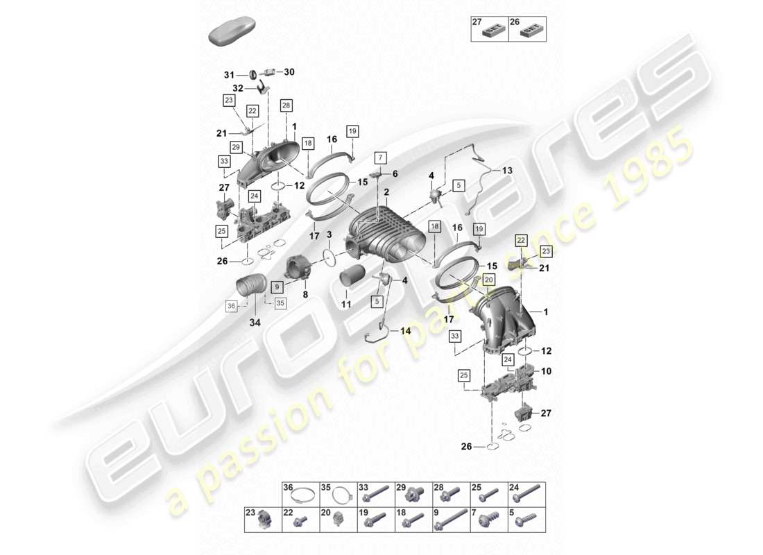 porsche 2024 (992-2 gt3/rs/st) diagrama de piezas de la válvula de mariposa del distribuidor de aire de admisión