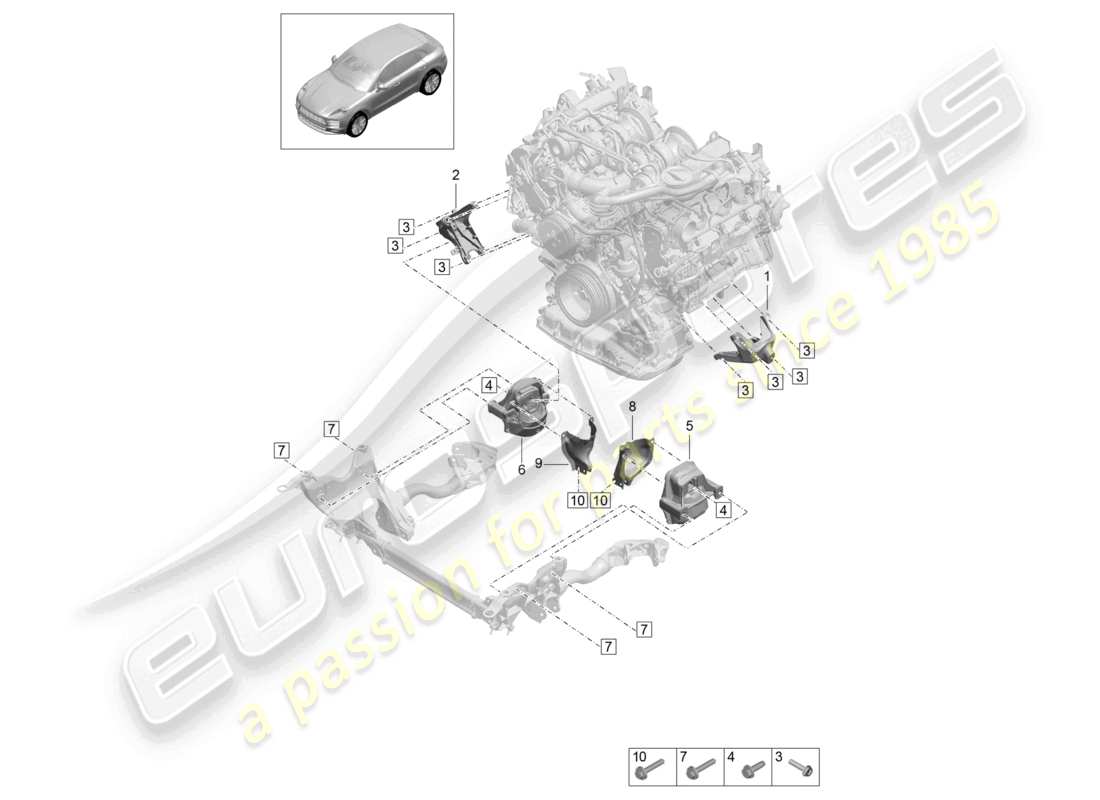 porsche 2021 (macan) aparejo de elevación del motor consola para montaje del motor diagrama de piezas de montaje del motor
