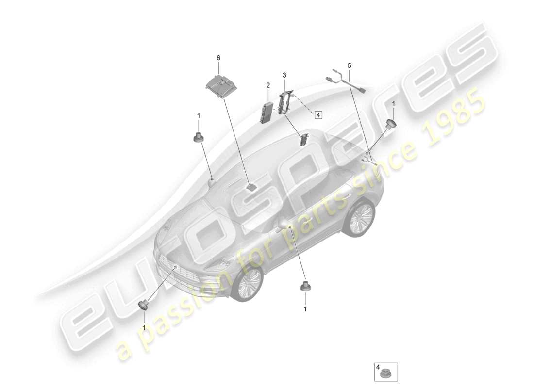 porsche 2021 (macan) diagrama de piezas del sistema de asistencia al conductor, vista superior real, cámara de marcha atrás